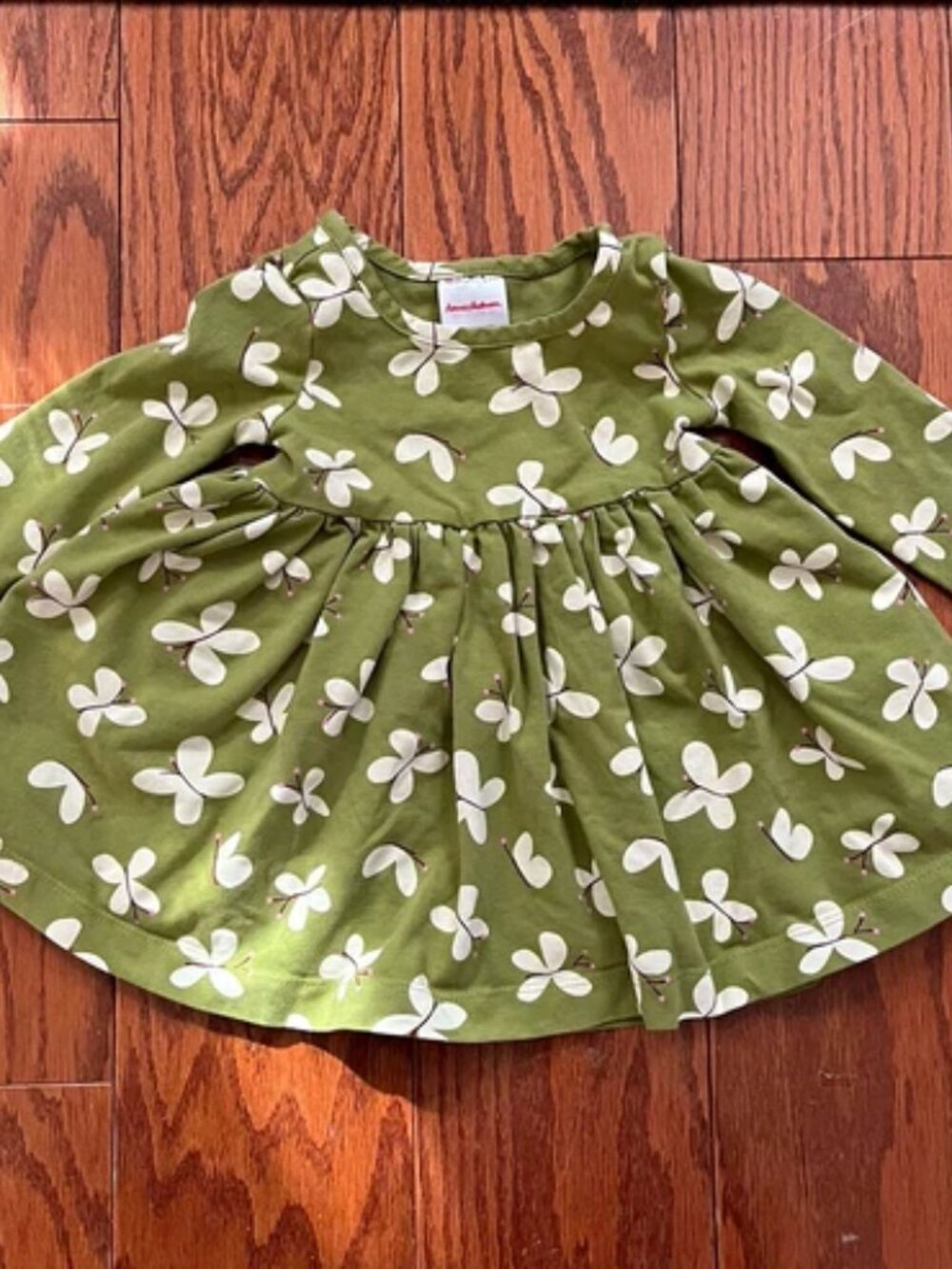 Hanna Andersson Green/White Floral Long Sleeve Fit &amp; Flare Dress 6-12M